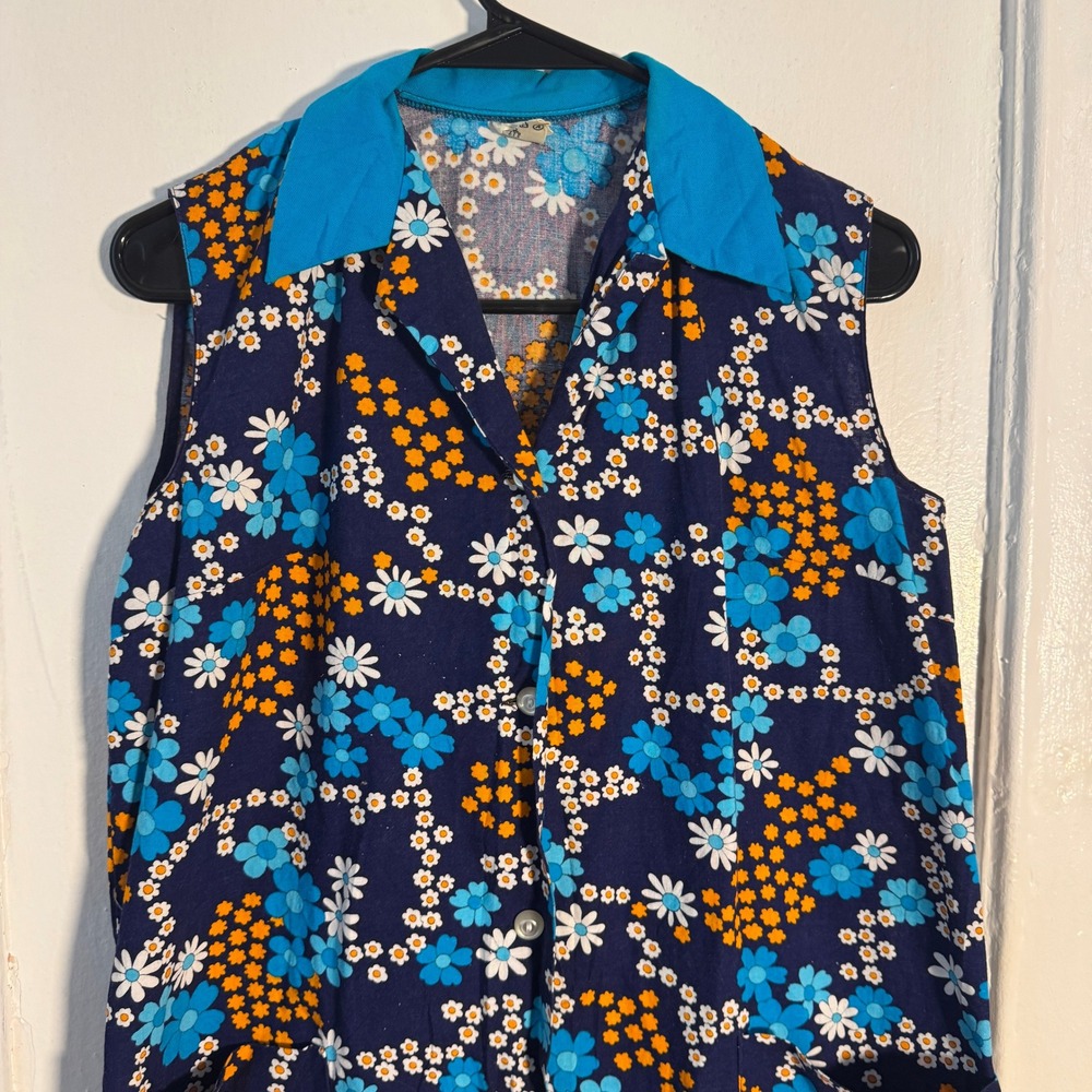 True Vintage 70s Floral Whimsical Dress Cotton Blue Psychedelic Sz M Rainbow‎ - Picture 6 of 10